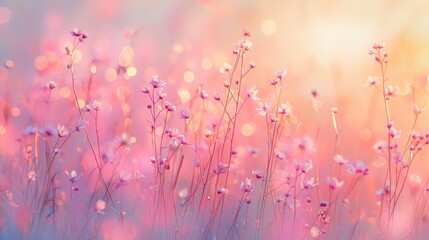 Aufkleber - In the early morning, soft sunlight filters through blooming pink wildflowers, illuminating a peaceful meadow. The delicate petals reflect shimmering light, enhancing the serene beauty of nature
