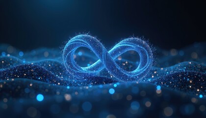 Aufkleber - Digital art of infinity symbol made from glowing data points, lines on dark blue background. Modern tech design, futuristic illustration with energy, light, motion, fractal, design, wallpaper,