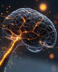 Aufkleber - An abstract AI-enhanced brain visualized as a network of glossy black strands, each glowing softly