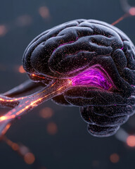 Leinwandbilder - An abstract AI-enhanced brain visualized as a network of glossy black strands, each glowing softly