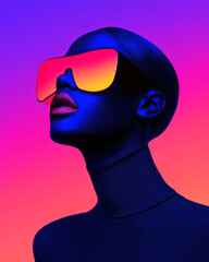 Aufkleber - A futuristic black glossy mannequin wearing oversized reflective sunglasses, illuminated by soft