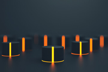 Poster - A sleek minimalist 3D rendering of cylindrical forms casting soft glowing shadows, arranged in an