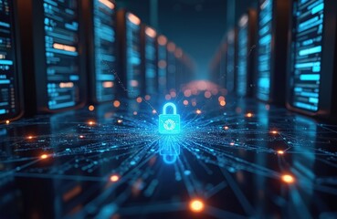 Fototapete - Digital security concept with padlock glowing. Interconnected servers, data centers, network security, encryption, privacy, protection digital assets. High-tech server room with glowing digital