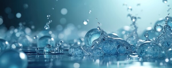 Aufkleber - Close-up water bubbles in liquid environment. Crystal clear water splash. Freshness purity and clarity. Transparent aquatic droplets. Hydratation, healthy eco concept.