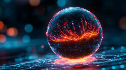 Poster - A futuristic AI core represented as a levitating neon-black sphere, covered in swirling molecular