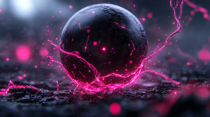 Poster - A futuristic AI core represented as a levitating neon-black sphere, covered in swirling molecular