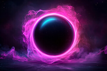 Poster - A mesmerizing minimalist digital artwork of a smooth black sphere, encircled by swirling neon pink
