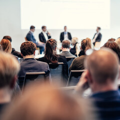 Wall Mural - interview and round table discussion at business convention and presentation. audience at the confer