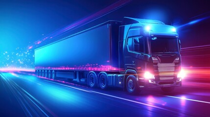 Poster - Futuristic semi-truck speeding on highway at night with glowing light trails.