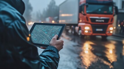 Poster - Person using tablet with navigation app, truck in background, rainy day.
