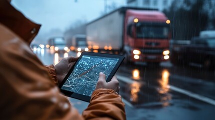 Poster - Person using tablet displaying GPS navigation in rainy traffic.