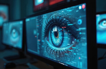 Poster - Surveillance room with several monitors displaying eye images. Technology, security, privacy concepts visible. Digital observation, watchful eyesight going on with modern equipment. Data analysis on