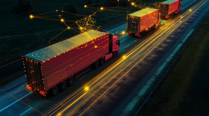Poster - Autonomous trucks driving on highway at night, connected by digital network.