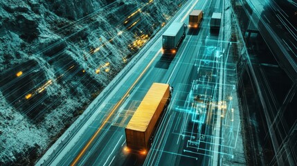 Poster - Aerial view of three cargo trucks driving on highway at night with digital network overlay.