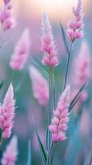 Aufkleber - Soft pink grass blossoms rise gracefully amidst verdant blades in a tranquil field, illuminated by the warm hues of the setting sun, creating a peaceful atmosphere