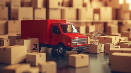 Poster - Red delivery truck surrounded by cardboard boxes and a shopping cart in a warehouse.