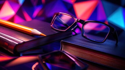 Wall Mural - study glasses, pencil, books, vibrant triangles background