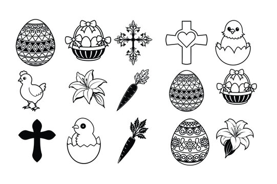 Easter Day Line Art Icon Set Silhouette Vector White Background,