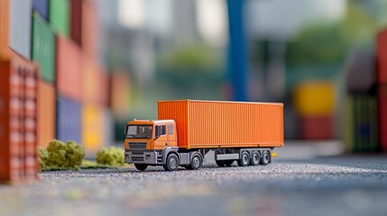Aufkleber - Miniature orange cargo truck transporting container against blurred colorful container background.