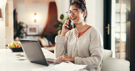 Fototapete - Phone call, good news and woman with laptop in home with communication for client feedback. Computer, contact and female event planner with freelance job on mobile discussion for vendor approval.