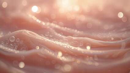 Poster - soft pink waves with sparkling droplets create a serene atmosphere at sunrise near a tranquil beach