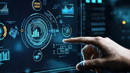 Poster - Futuristic touchscreen interface with graphs, charts, and data visualizations, showcasing technology and analytics for businesses and professionals, close-up view