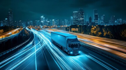 Poster - Semi-truck speeding on highway at night through a city.