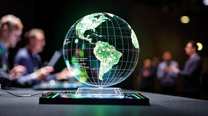 Poster - Interactive 3D Globe Displaying World Map and Data Visualization in a Modern Conference Setting with Professionals Engaged in Discussion