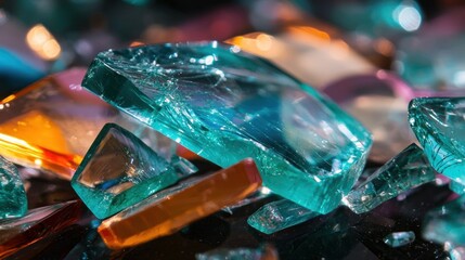 Wall Mural - colorful shattered glass pieces on dark surface with blurred bokeh background