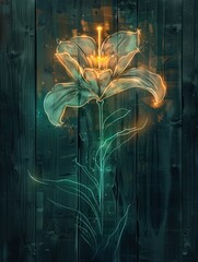 Poster - Wooden floral art combines glowing neon lines and soft lighting for a modern, nature-inspired look