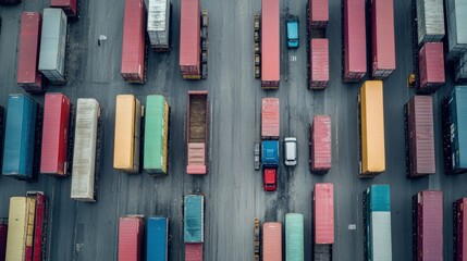 Poster - Aerial view of colorful shipping containers in a logistics yard with cars.