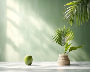Poster - Green backdrop with tropical plants and fruit