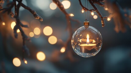 Aufkleber - Glass Ornament with Candlelight Hanging on a Snowy Branch at Night
