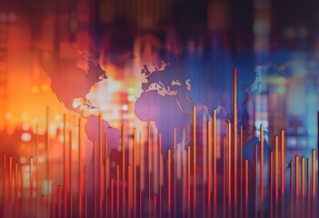 Poster - Global Data Visualization: Abstract World Map with Vertical Bars and City Lights Background