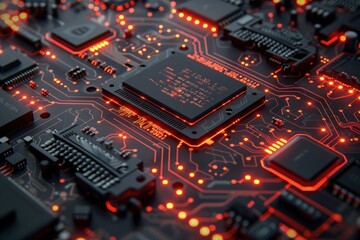 Fototapete - Red-lit electronic pathways stand out vividly against a deep black circuit board backdrop