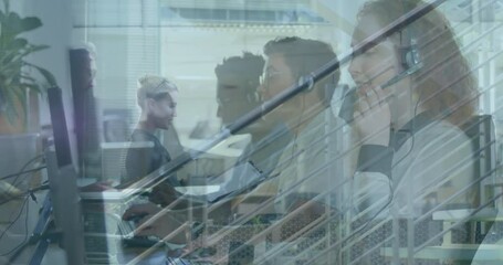 Poster - In office, business professionals working at desks with animation of customer service team