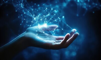 Poster - glowing blue network connection in hand dark background