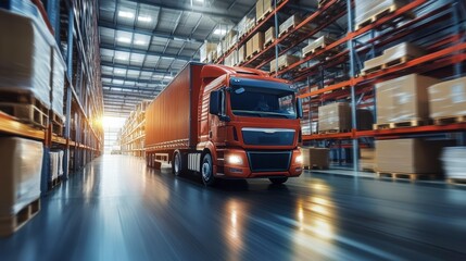 Poster - Red semi-truck driving through a large warehouse, motion blur effect.