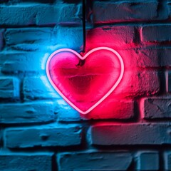 Poster - A neon glowing heart shaped decoration hangs on a brick wall