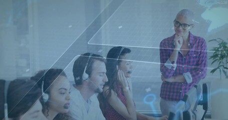 Poster - Working in modern office, customer service team using animation digital interface