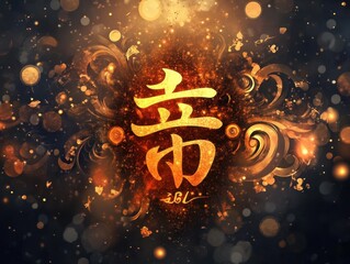Aufkleber - Glowing Golden Chinese Calligraphy Symbol with Fire and Sparkles on Dark Background