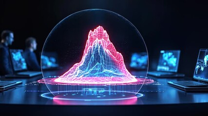 Poster - Futuristic Data Visualization Displaying 3D Mountain Graph with Neon Colors in a High-Tech Environment Featuring Multiple Laptops and Analysts