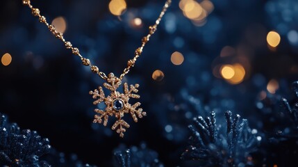 Aufkleber - Gold Snowflake Necklace on Dark Blue Background