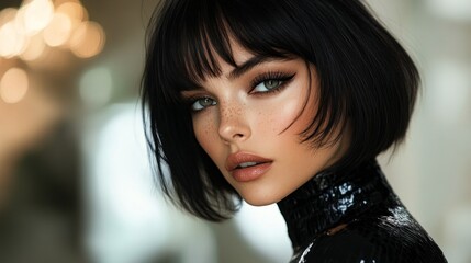 Poster - With a captivating gaze and flawless makeup, a young woman showcases her unique style in a glamorous setting filled with soft lighting and sparkling accents