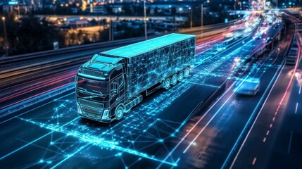 Poster - Autonomous truck driving on highway at night, digital network overlay.