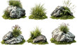© aura studio - Vector composition, rock and grass meadow set, isolated landscape design, natural scenery, grassy terrain, outdoor backdrop, nature layout, rock formations, rural landscape