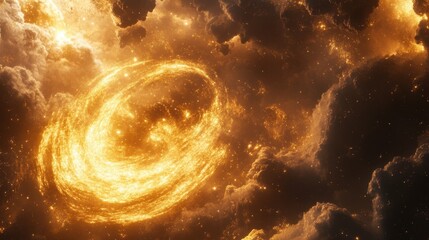 Poster - Golden Spiral of Light in Dark Clouds Abstract Cosmic Background