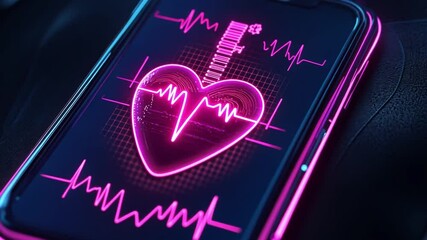 Poster - Neon Heartbeat Graphic on Smartphone Screen with Vibrant Colors and Digital Elements Representing Health Monitoring Technology