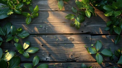 Aufkleber - Green Leaves on Dark Weathered Wooden Surface