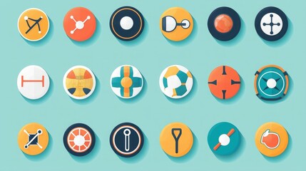 Poster - A flat design sports icon set, including icons for players, balls, and fitness tools. 